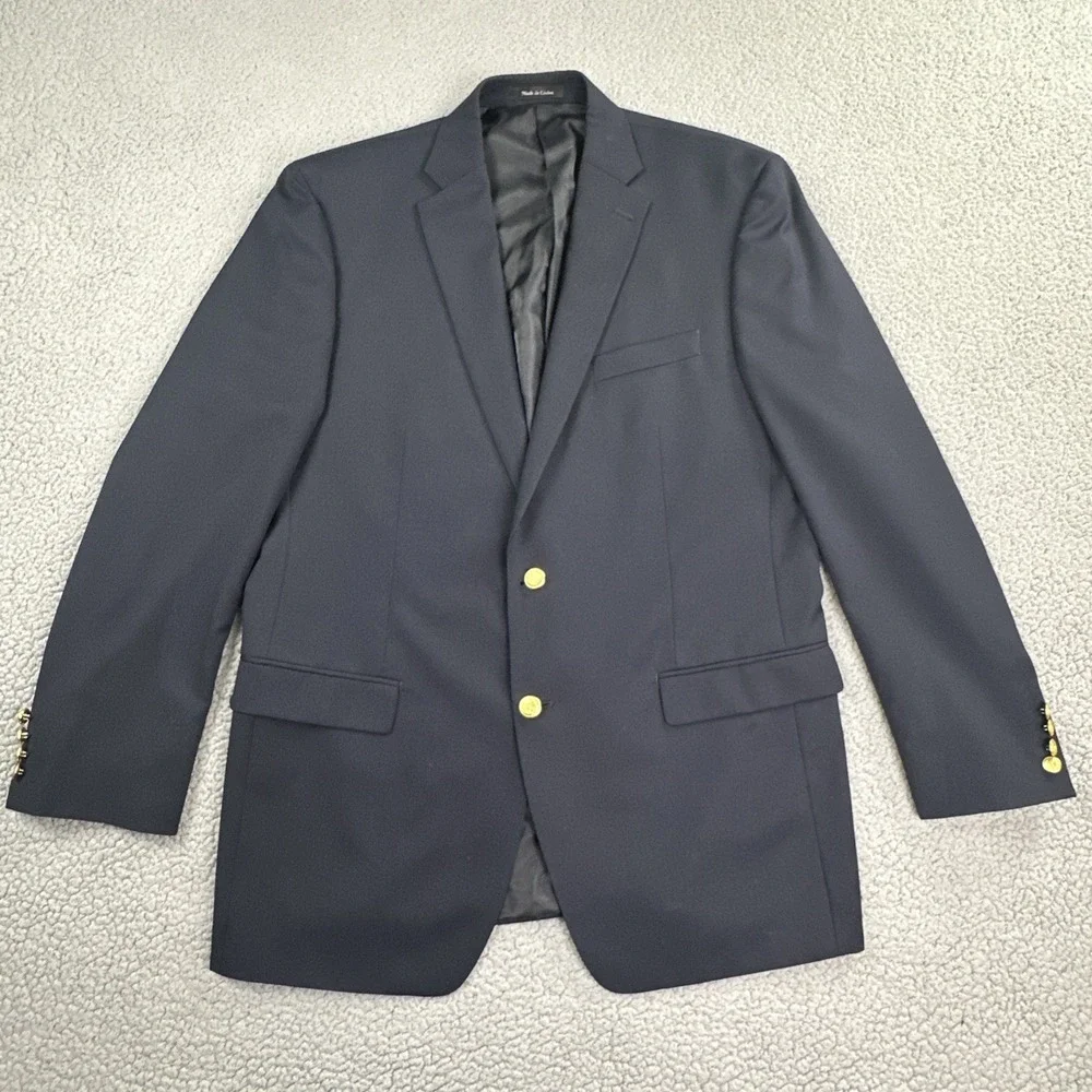 Chaps Blazer Men 44L Navy Blue Gold Button Twill Wool Blend Sport Coat